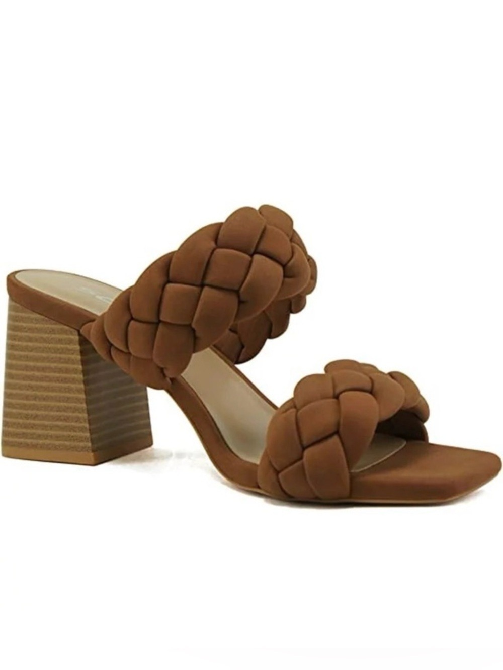 SODA Buggy Double Braided Straps Square Toe Asymmetric Block Heel Mule Sandal